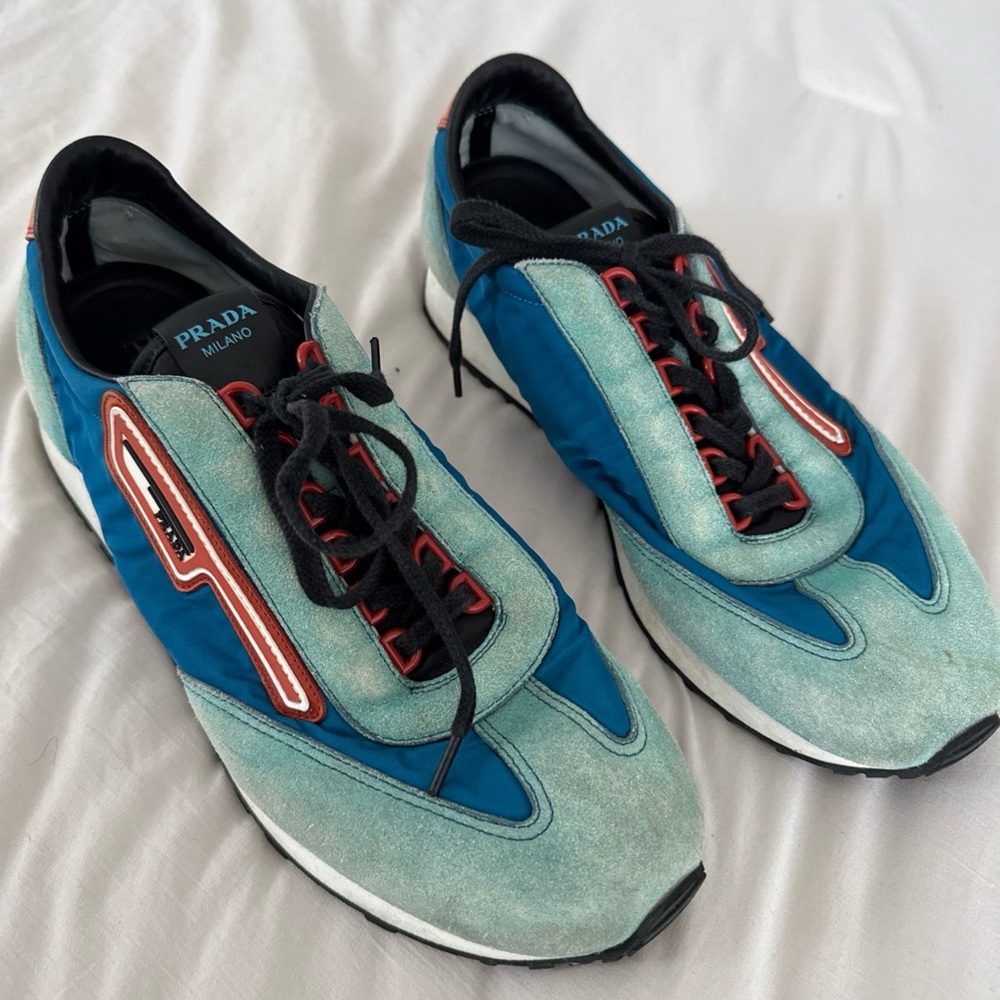 Prada Teal Blue Suede & Nylon Runner Sneakers